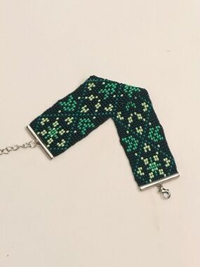 Green Beaded Pattern Bracelet — Wide Seed Bead Cuff